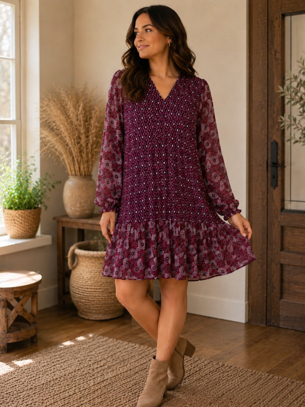 Maeve by Anthropologie Burgundy Printed V-Neck Long Sleeve Dress, size M